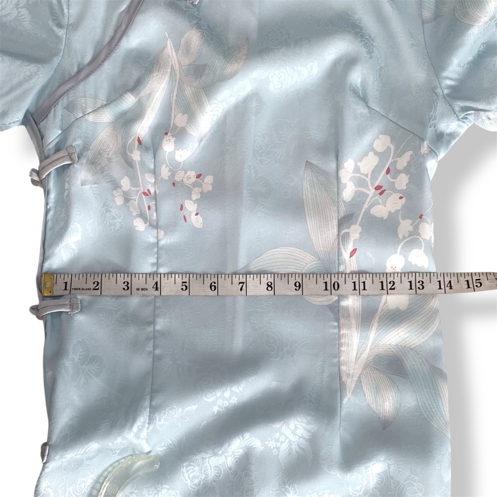 Lilly of the Vally Floral Short Sleeve Midi Blue Cheongsam Qipao Chinese Size S - Picture 7 of 10